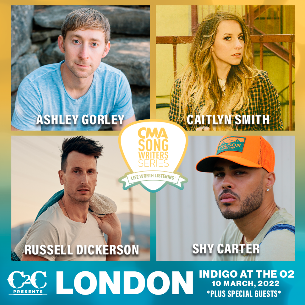 CMA Songwriters Series 2022 graphic showing Ashley Gorley, Caitlyn Smith, Russell Dickerson and Shy Carter