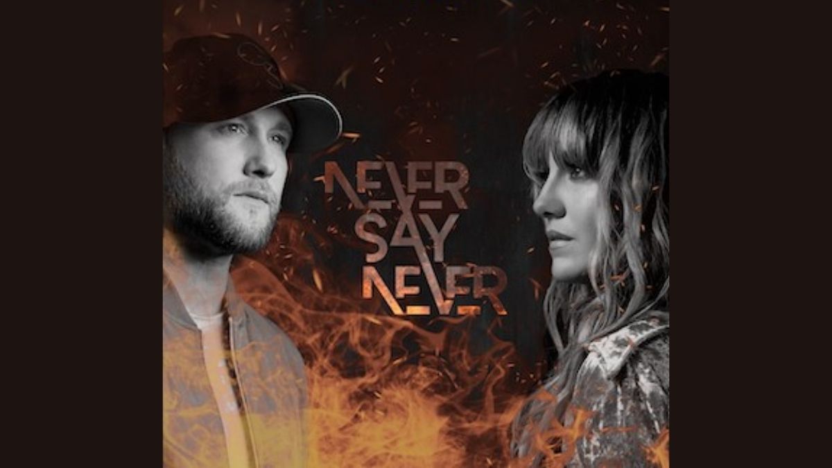 Cole Swindell and Lainey with a flame graphic overlaid Wilson in black and white