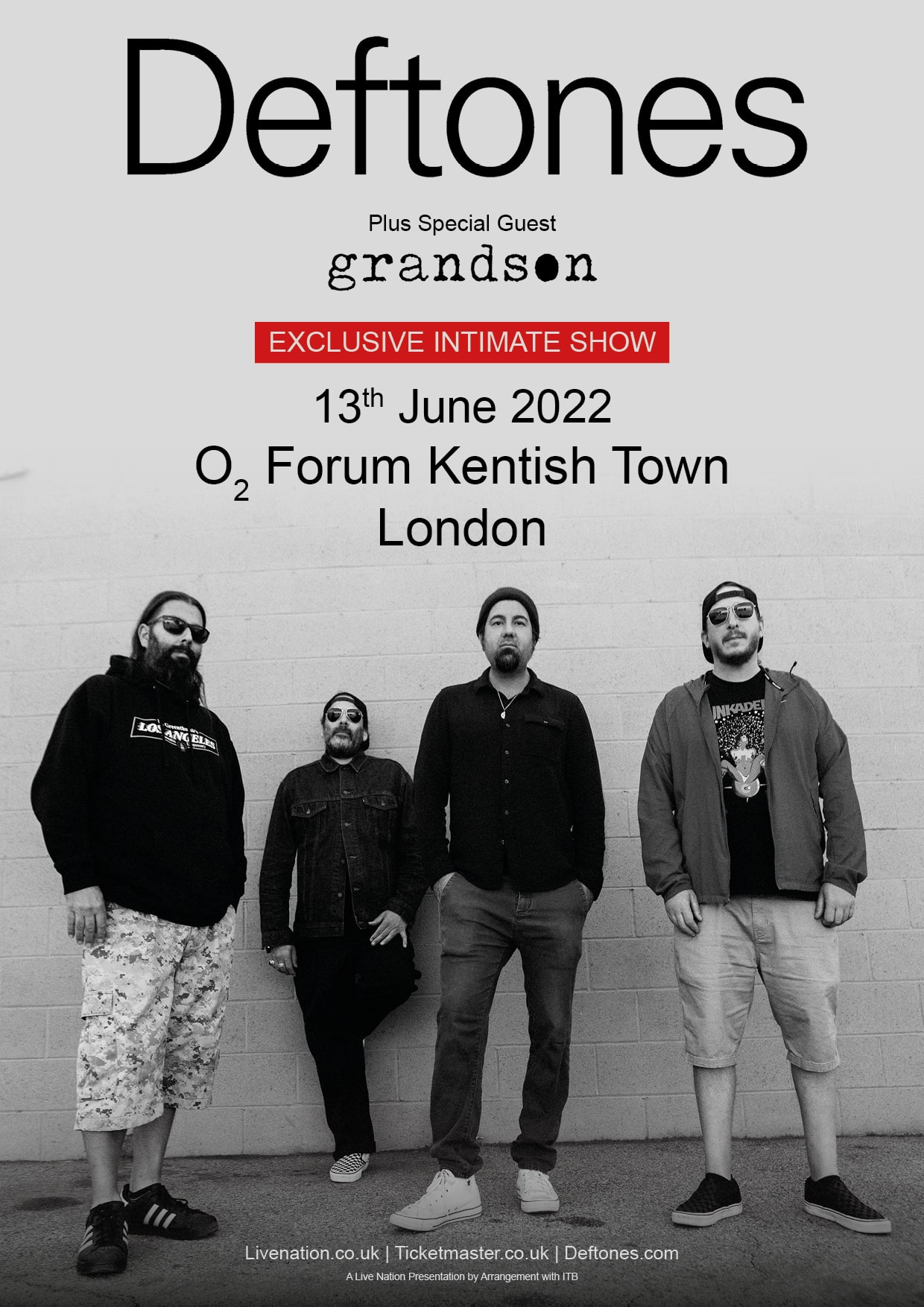 Deftones intimate London show poster: a black and white photo of Deftones with details of the June 17, 2022, concert in London