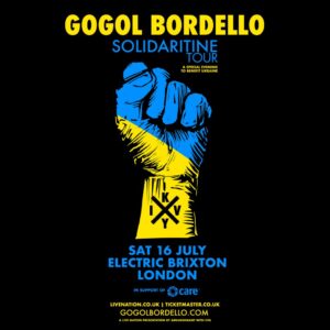 Gogo Bordello poster showing a drawing of a clenched fist in the colours of the Ukranian flag