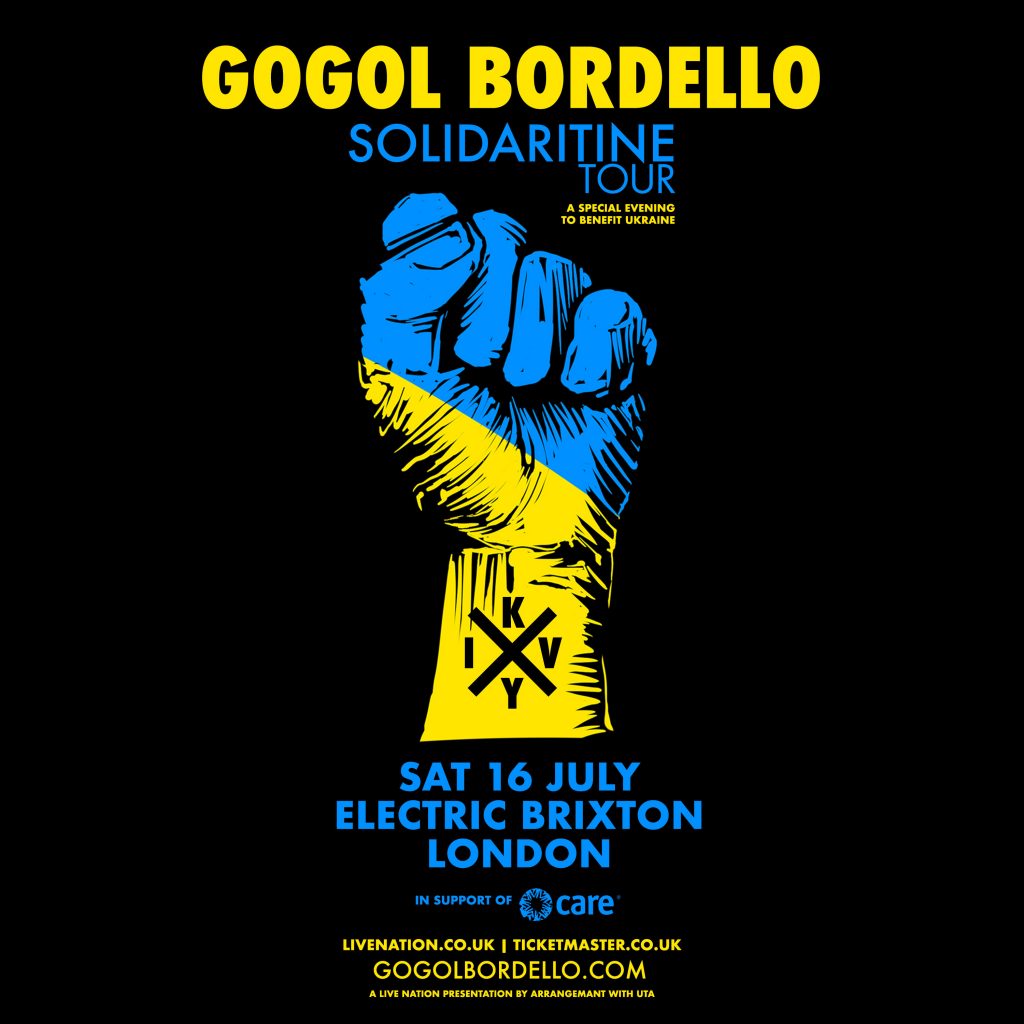 Gogo Bordello poster showing a drawing of a clenched fist in the colours of the Ukranian flag