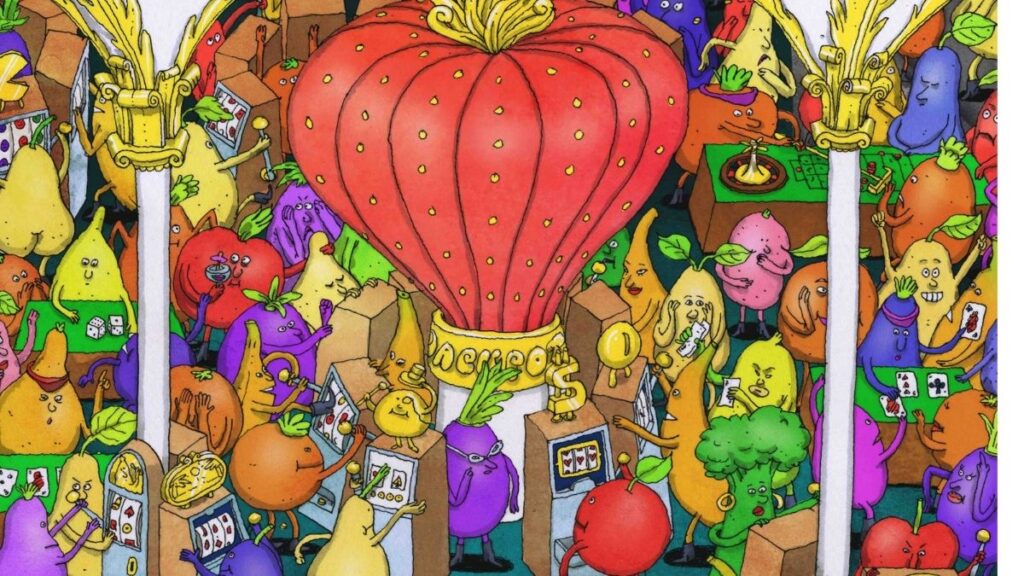 Dance Gavin Dance UK tour news: graphic carton of andromorphic fruit at a casino