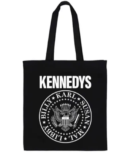 Alan Fletcher merchandise: a black tote bag that looks like a punk band's logo but with the text KENNEDYS - Karl, Susan, Libby, Billy