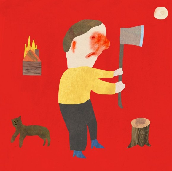 Keaton Henson Parade album cover: childlike cartoon drawing of a man holding an axe with his face looking bloody.
