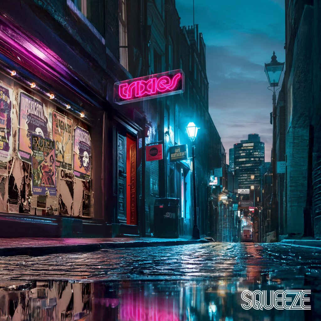 Trixies by Squeeze album cover - a street at night including a nightclub with a sign saying Trixies in pink neon light.
